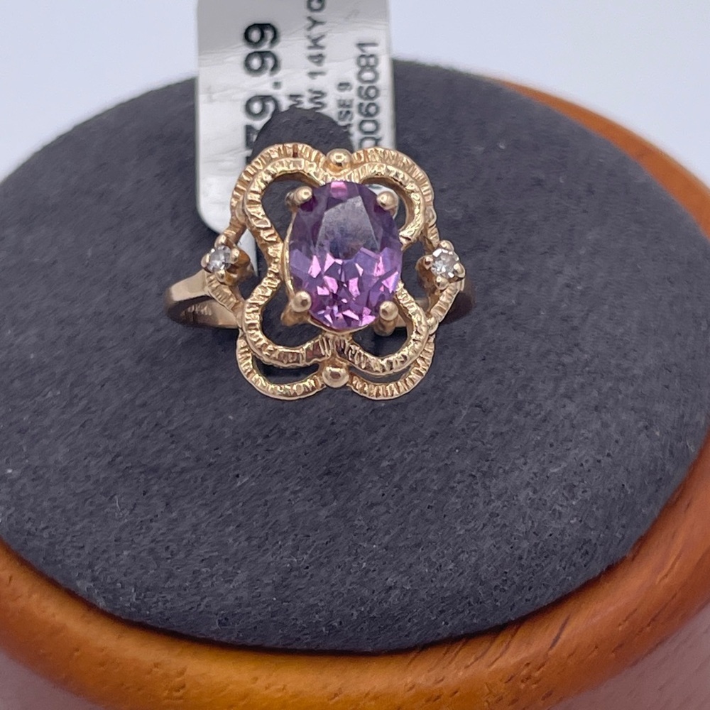 14K Gold Purple Sapphire and Diamond Accent Ring Modern Floral Solid Gold Size 6 - Picture 3 of 11